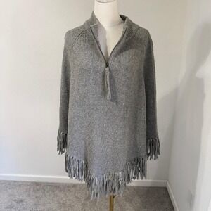 Vintage Westbound Gray Quarter‎ Zip Fringe Poncho XL Wool Blend Tassel Mock Neck